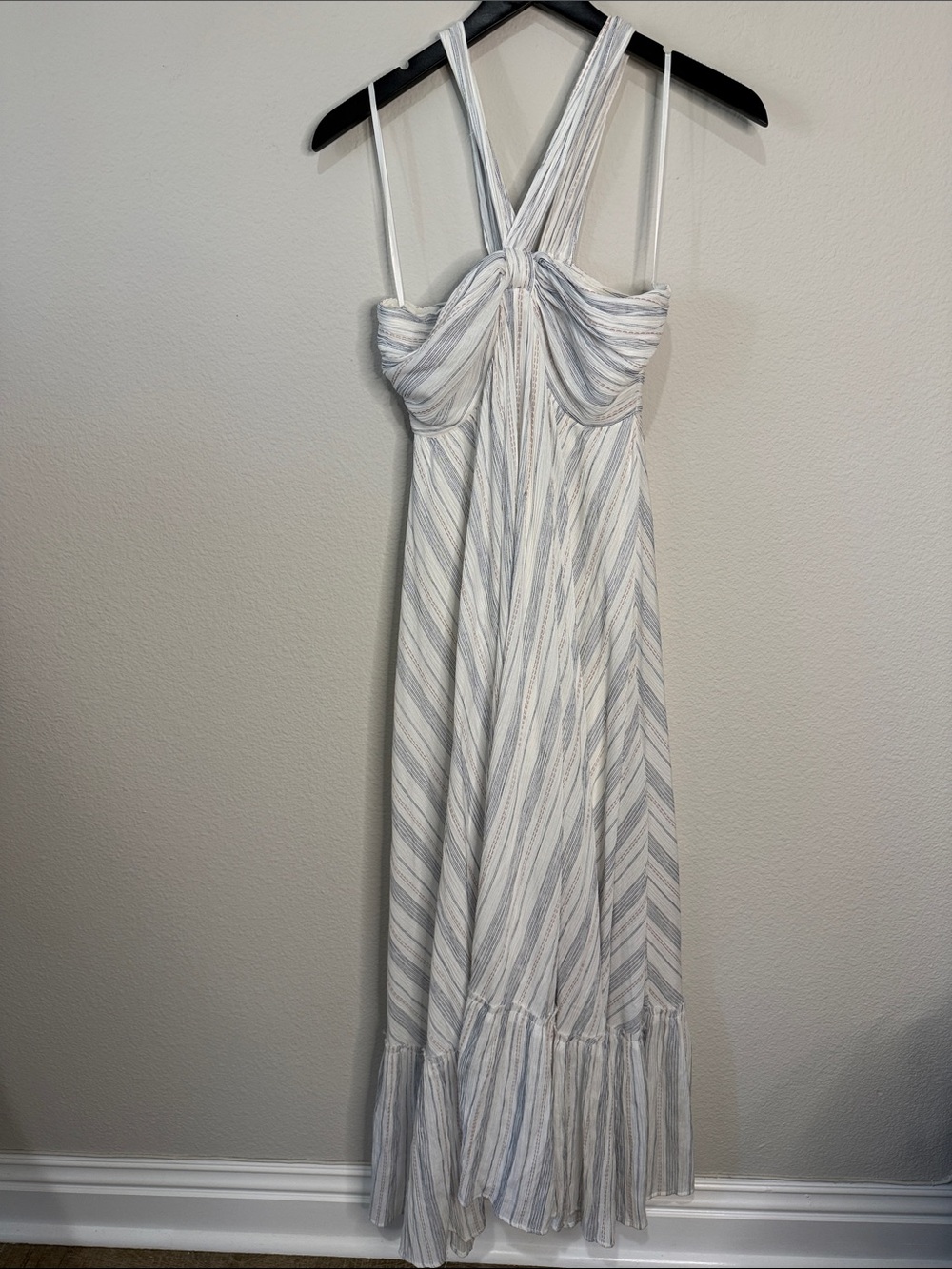 Vici Light Blue and White Striped Maxi Dress with Twist Bodice